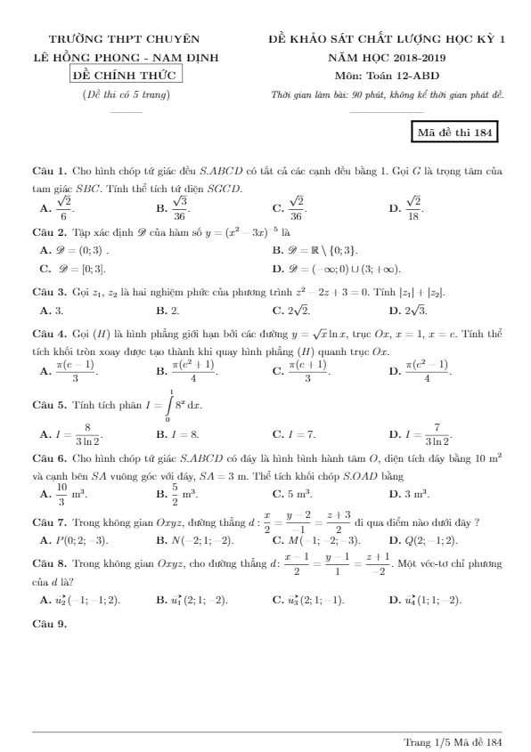 de thi hoc ki 1 hk1 lop 12 mon toan nam 2018 2019 truong chuyen le hong phong nam dinh d