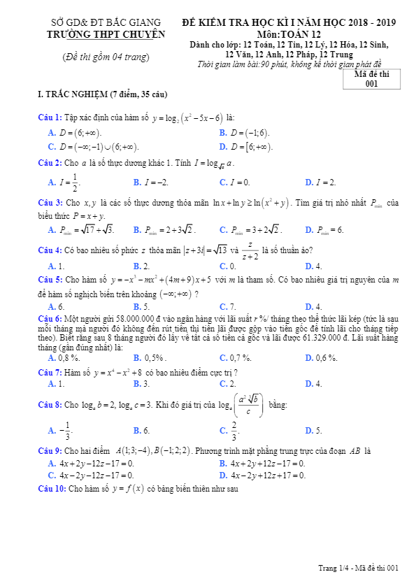 de thi hoc ki 1 hk1 lop 12 mon toan nam 2018 2019 truong thpt chuyen bac giang d