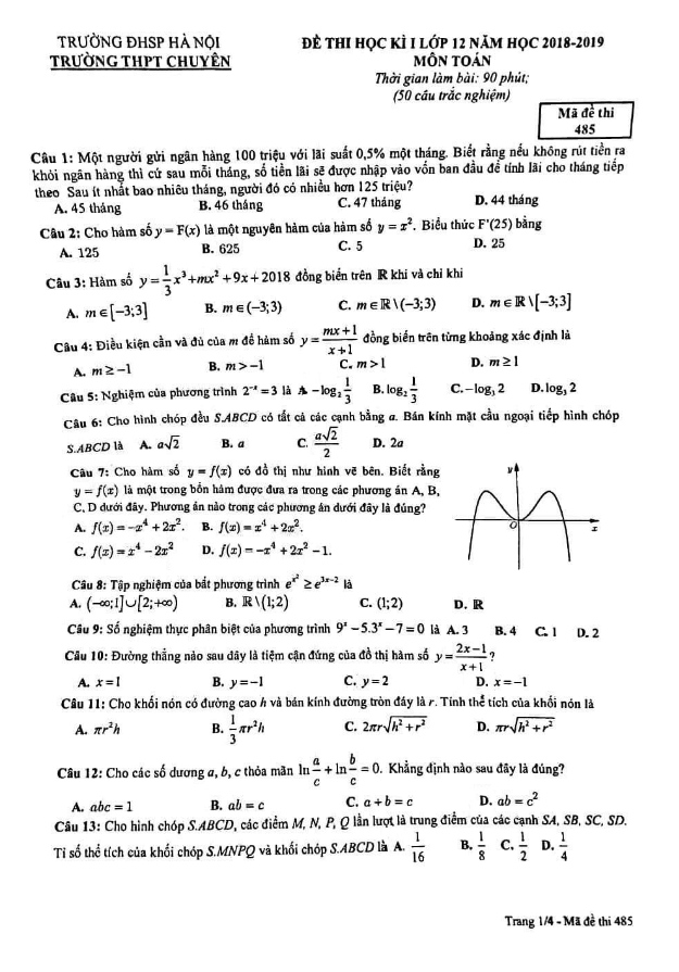 de thi hoc ki 1 hk1 lop 12 mon toan nam 2018 2019 truong thpt chuyen dhsp ha noi d