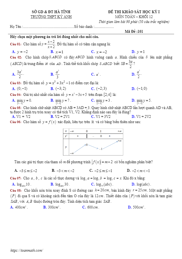 de thi hoc ki 1 hk1 lop 12 mon toan nam 2018 2019 truong thpt ky anh ha tinh d
