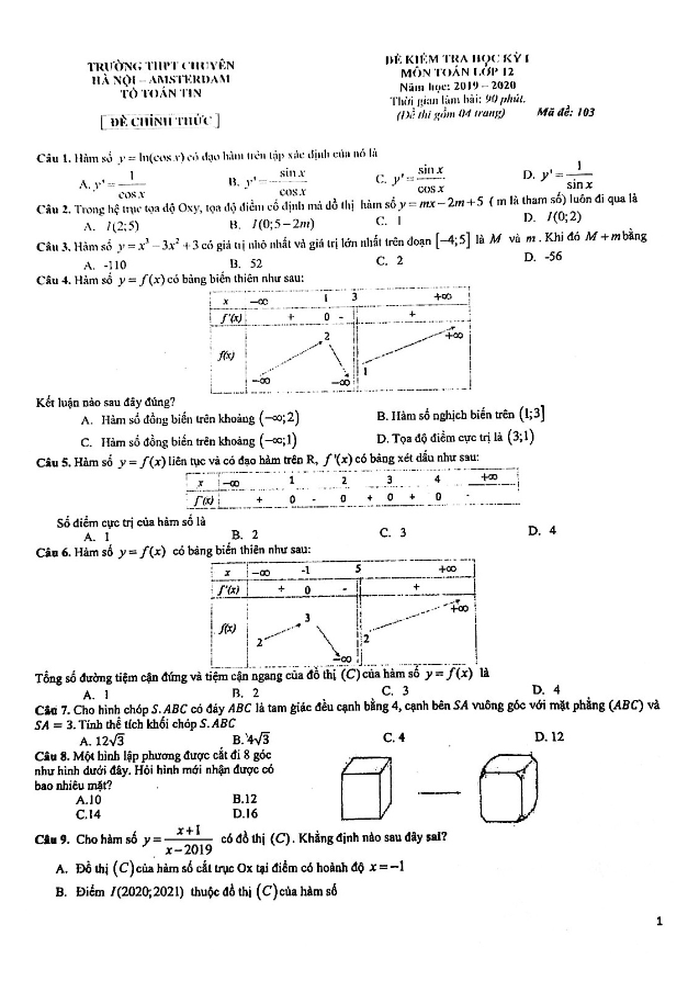 de thi hoc ki 1 hk1 lop 12 mon toan nam 2019 2020 truong chuyen ha noi amsterdam d
