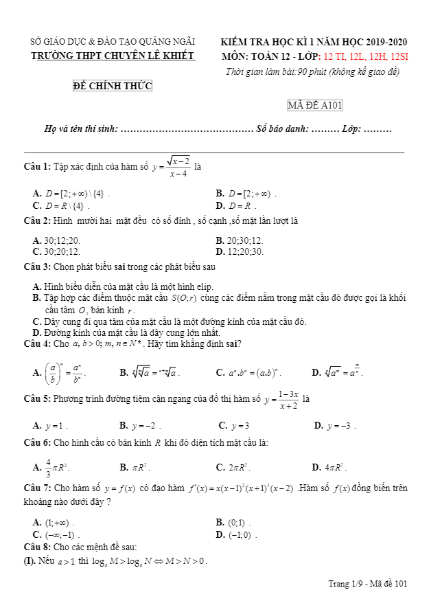 de thi hoc ki 1 hk1 lop 12 mon toan nam 2019 2020 truong chuyen le khiet quang ngai d