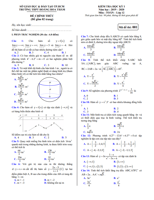Đề thi học kì 1 (HK1) lớp 12 môn Toán năm 2019 2020 trường Hoàng Hoa Thám TP HCM 7 de thi hoc ki 1 hk1 lop 12 mon toan nam 2019 2020 truong hoang hoa tham tp hcm d