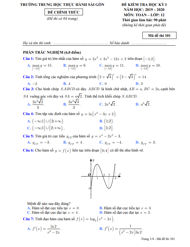de thi hoc ki 1 hk1 lop 12 mon toan nam 2019 2020 truong th thuc hanh sai gon tp hcm d