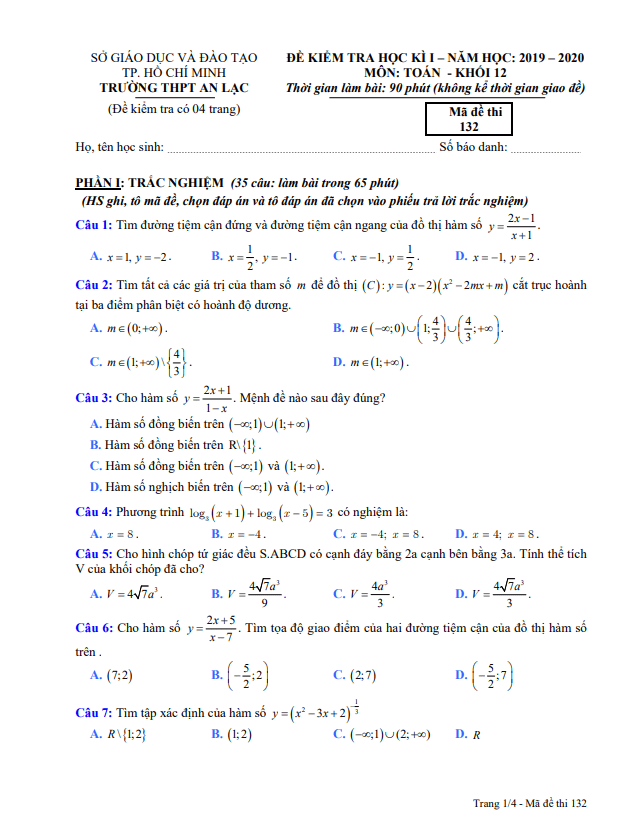 de thi hoc ki 1 hk1 lop 12 mon toan nam 2019 2020 truong thpt an lac tp hcm d