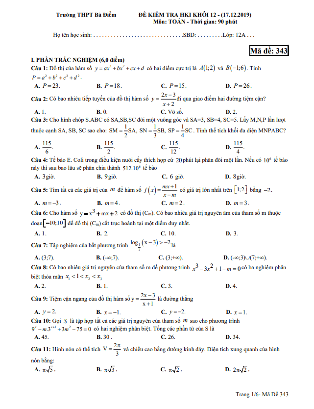 Đề thi học kì 1 (HK1) lớp 12 môn Toán năm 2019 2020 trường THPT Bà Điểm TP HCM 6 de thi hoc ki 1 hk1 lop 12 mon toan nam 2019 2020 truong thpt ba diem tp hcm d