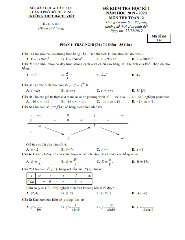 Đề thi học kì 1 (HK1) lớp 12 môn Toán năm 2019 2020 trường THPT Bách Việt TP HCM 4 de thi hoc ki 1 hk1 lop 12 mon toan nam 2019 2020 truong thpt bach viet tp hcm d