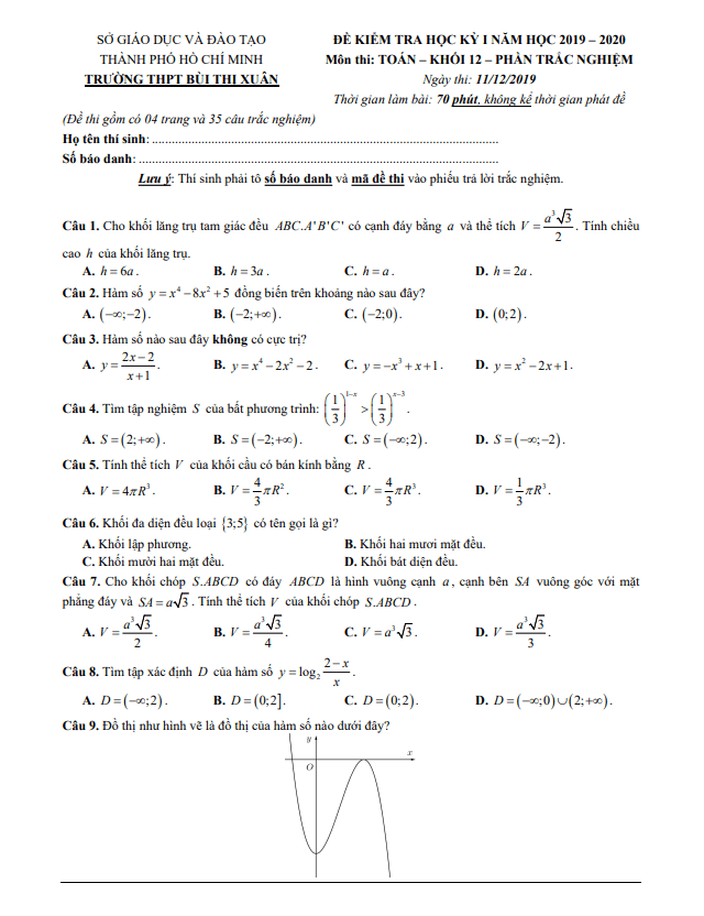 de thi hoc ki 1 hk1 lop 12 mon toan nam 2019 2020 truong thpt bui thi xuan tp hcm d