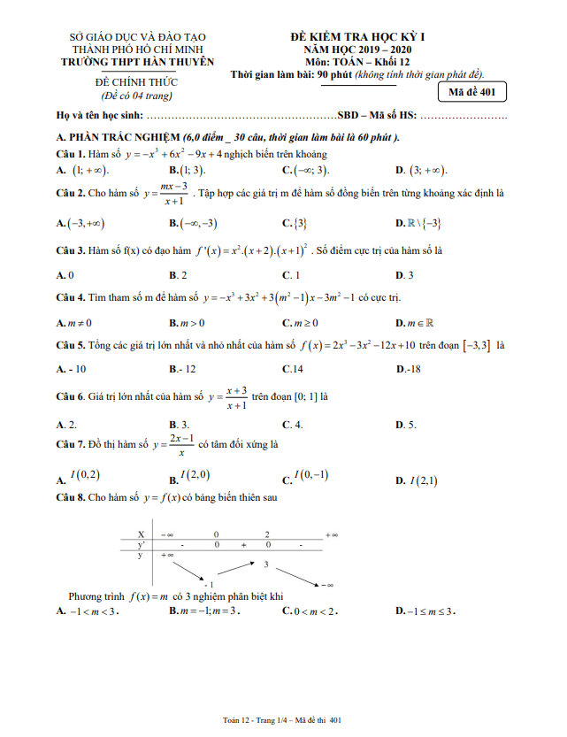 de thi hoc ki 1 hk1 lop 12 mon toan nam 2019 2020 truong thpt han thuyen tp hcm d