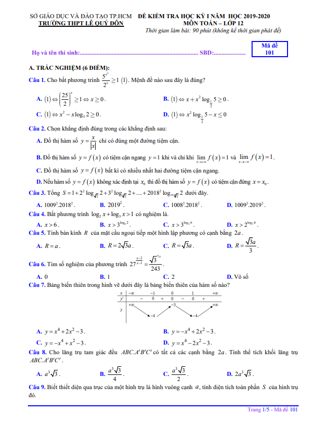 de thi hoc ki 1 hk1 lop 12 mon toan nam 2019 2020 truong thpt le quy don tp hcm d