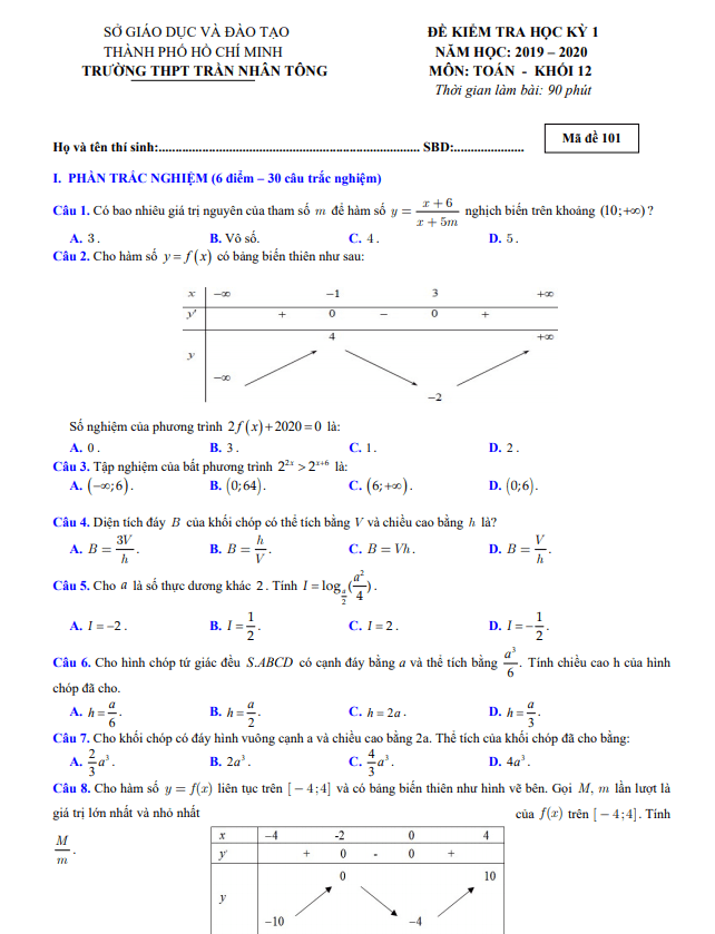 de thi hoc ki 1 hk1 lop 12 mon toan nam 2019 2020 truong thpt tran nhan tong tp hcm d