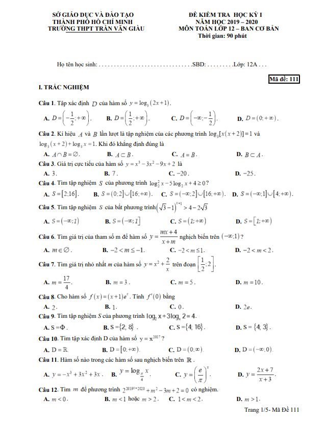 de thi hoc ki 1 hk1 lop 12 mon toan nam 2019 2020 truong thpt tran van giau tp hcm d