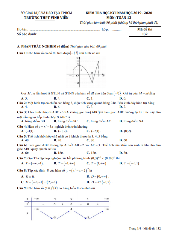 de thi hoc ki 1 hk1 lop 12 mon toan nam 2019 2020 truong thpt vinh vien tp hcm d