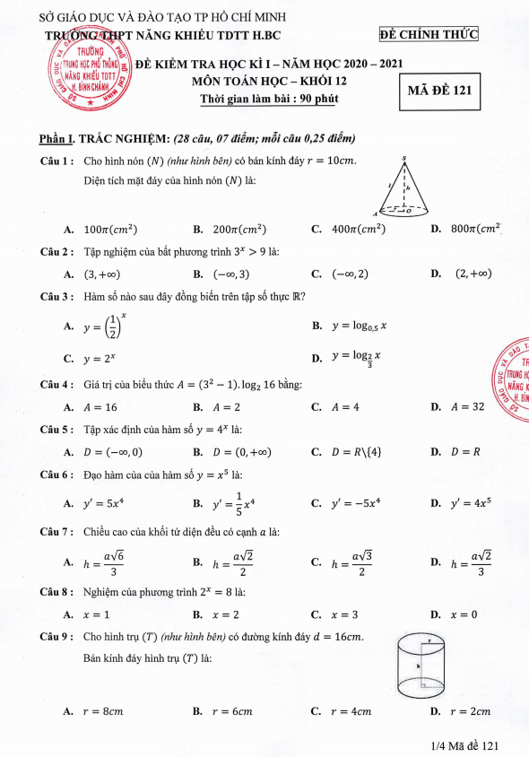 de thi hoc ki 1 hk1 lop 12 mon toan nam 2020 2021 truong thpt nang khieu tdtt binh chanh tp hcm d