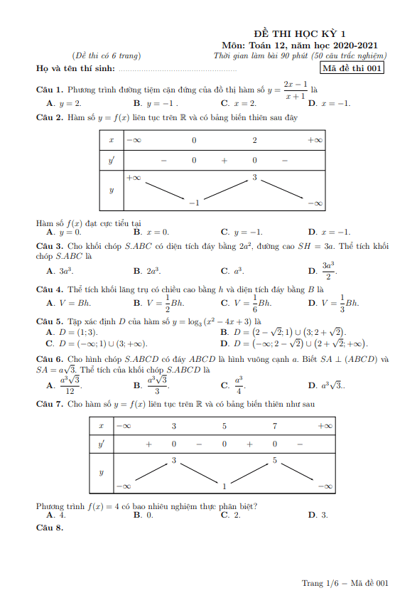 Đề thi học kì 1 (HK1) lớp 12 môn Toán năm 2020 2021 trường THPT Nguyễn Thị Minh Khai Hà Nội 6 de thi hoc ki 1 hk1 lop 12 mon toan nam 2020 2021 truong thpt nguyen thi minh khai ha noi d
