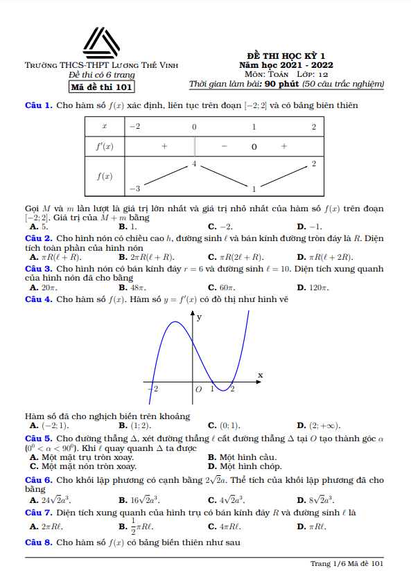 de thi hoc ki 1 hk1 lop 12 mon toan nam 2021 2022 truong luong the vinh ha noi d