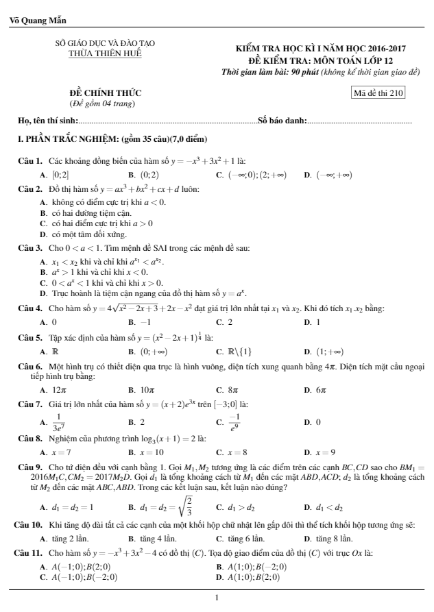 Đề thi học kì 1 (HK1) lớp 12 môn Toán năm học 2016 2017 sở GD và ĐT Thừa Thiên Huế 7 de thi hoc ki 1 hk1 lop 12 mon toan nam hoc 2016 2017 so gd va dt thua thien hue d