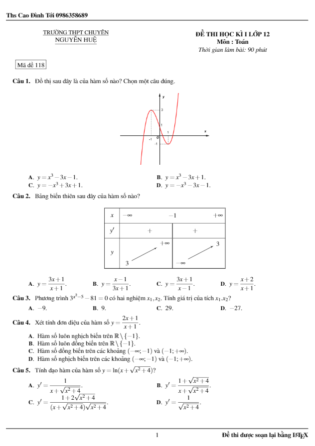 de thi hoc ki 1 hk1 lop 12 mon toan nam hoc 2016 2017 truong chuyen nguyen hue ha noi d