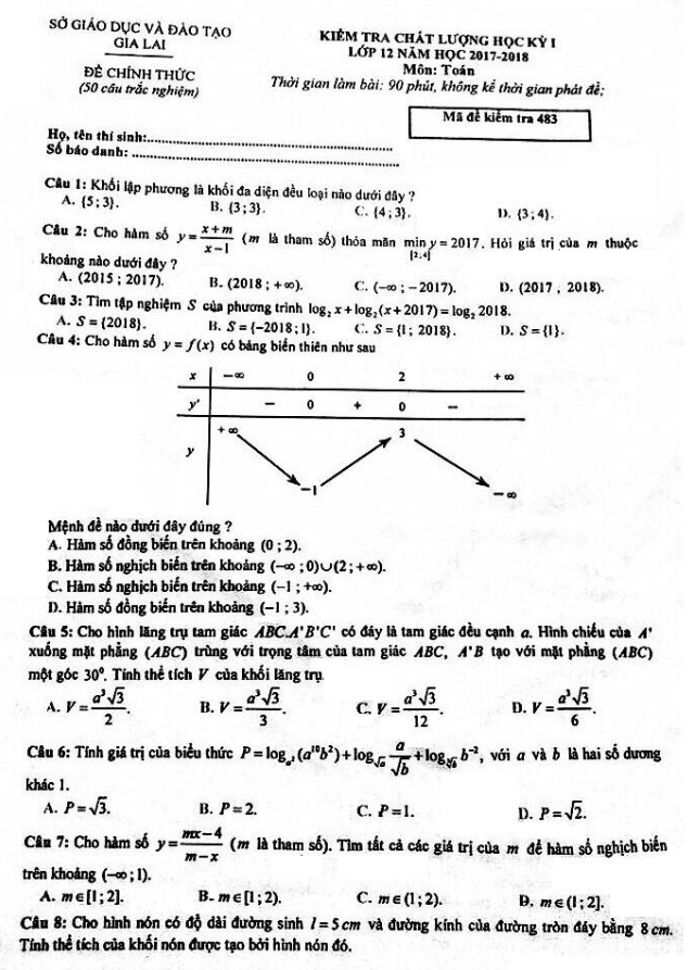 de thi hoc ki 1 hk1 lop 12 mon toan nam hoc 2017 2018 so gd va dt gia lai d
