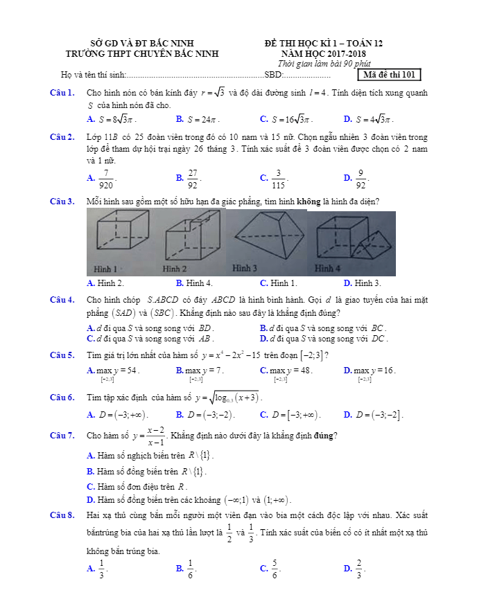 de thi hoc ki 1 hk1 lop 12 mon toan nam hoc 2017 2018 truong thpt chuyen bac ninh d