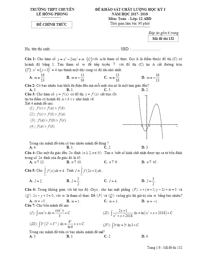 de thi hoc ki 1 hk1 lop 12 mon toan nam hoc 2017 2018 truong thpt chuyen le hong phong nam dinh d