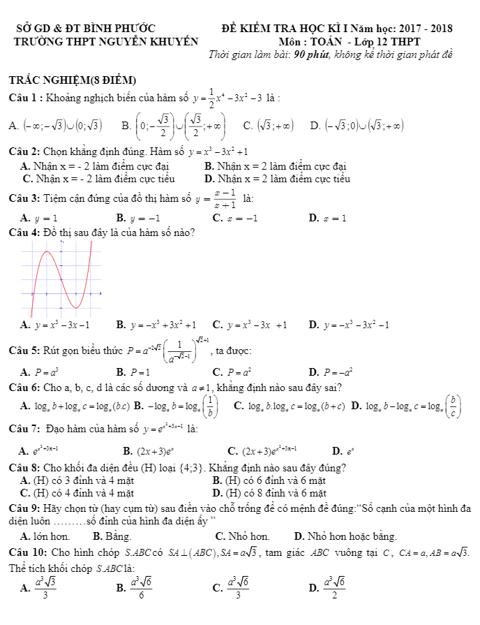 de thi hoc ki 1 hk1 lop 12 mon toan nam hoc 2017 2018 truong thpt nguyen khuyen binh phuoc d