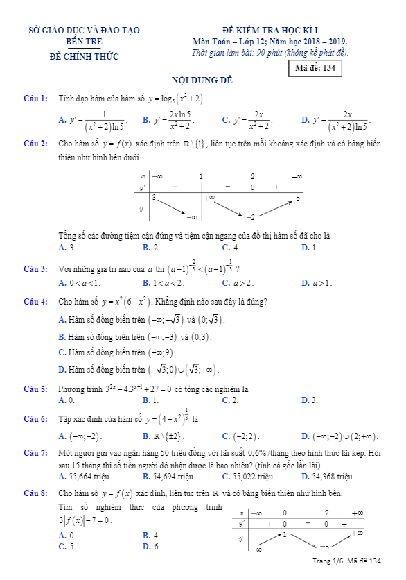 de thi hoc ki 1 hk1 lop 12 mon toan nam hoc 2018 2019 so gd va dt ben tre d