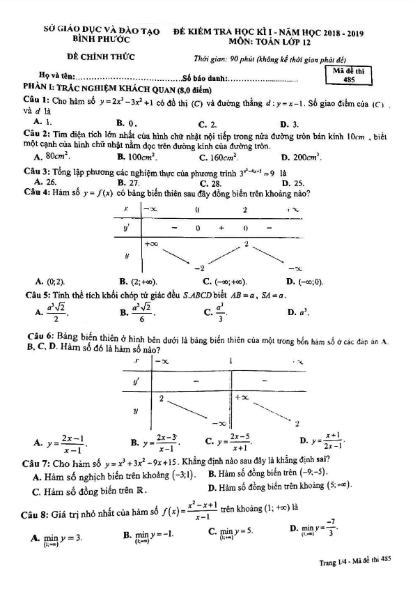 de thi hoc ki 1 hk1 lop 12 mon toan nam hoc 2018 2019 so gd va dt binh phuoc d