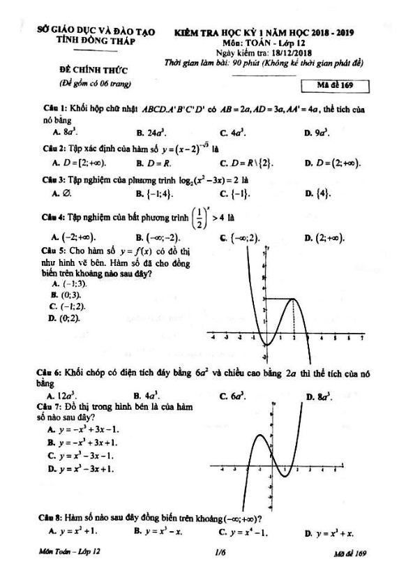 de thi hoc ki 1 hk1 lop 12 mon toan nam hoc 2018 2019 so gd va dt dong thap d