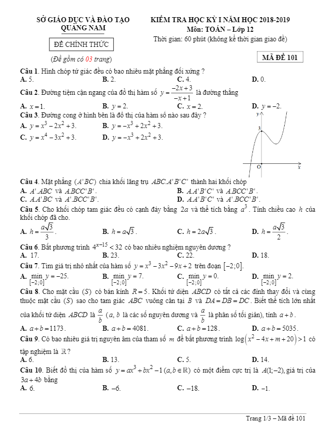 de thi hoc ki 1 hk1 lop 12 mon toan nam hoc 2018 2019 so gd va dt quang nam d