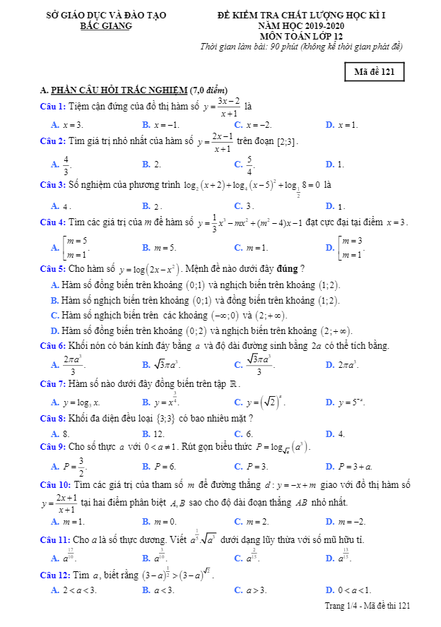 de thi hoc ki 1 hk1 lop 12 mon toan nam hoc 2019 2020 so gd dt bac giang d