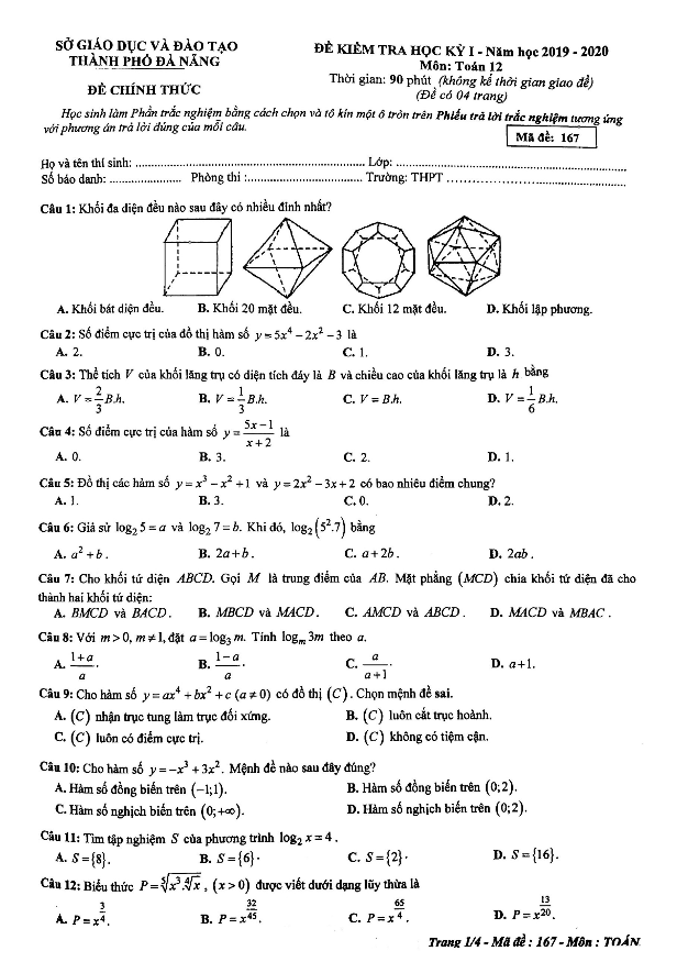 Đề thi học kì 1 (HK1) lớp 12 môn Toán năm học 2019 2020 sở GD ĐT Đà Nẵng 5 de thi hoc ki 1 hk1 lop 12 mon toan nam hoc 2019 2020 so gd dt da nang d
