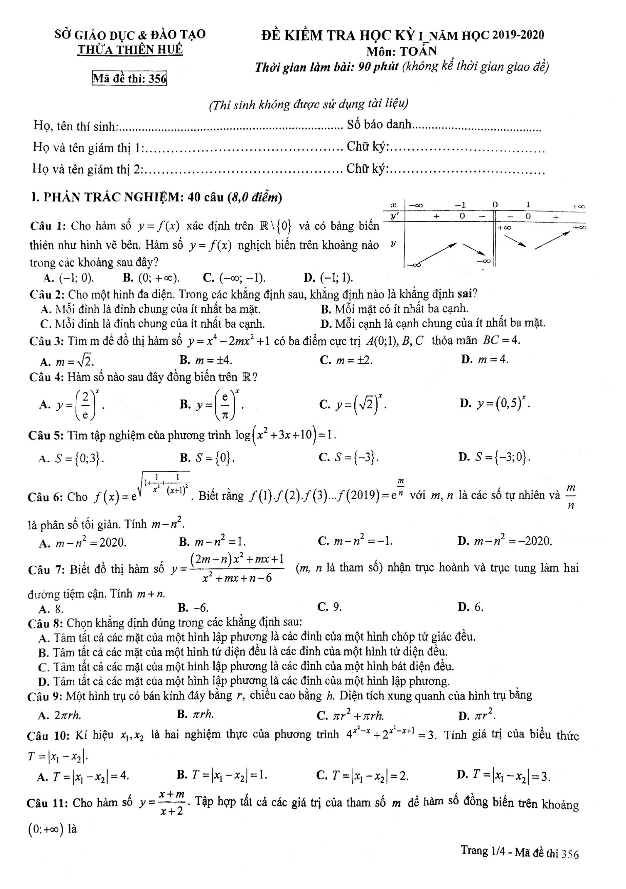 de thi hoc ki 1 hk1 lop 12 mon toan nam hoc 2019 2020 so gd dt thua thien hue d
