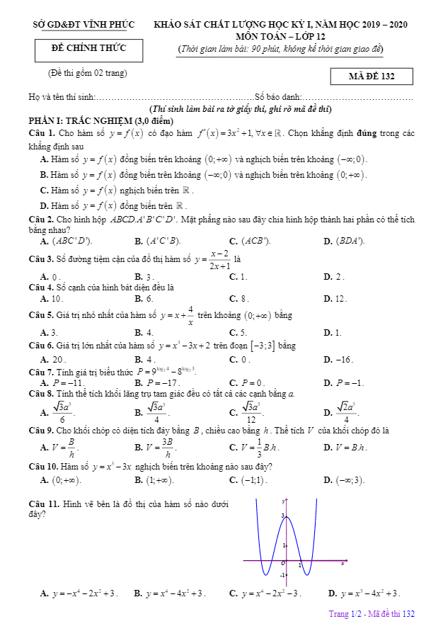de thi hoc ki 1 hk1 lop 12 mon toan nam hoc 2019 2020 so gd dt vinh phuc d