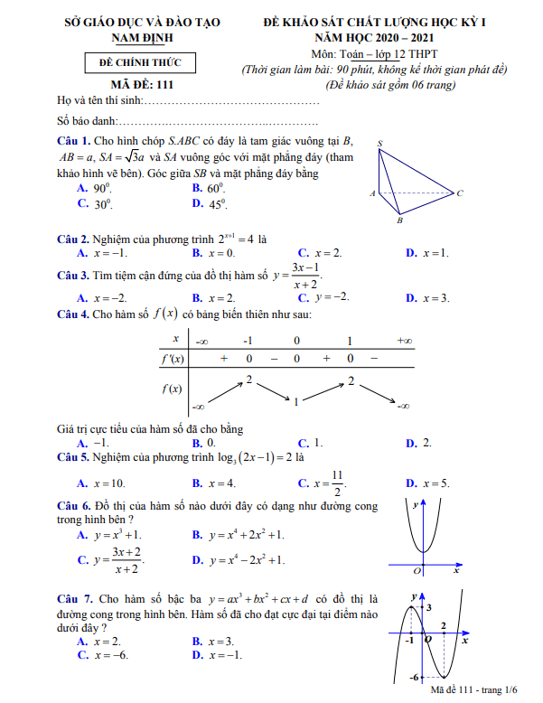 de thi hoc ki 1 hk1 lop 12 mon toan nam hoc 2020 2021 so gd dt nam dinh d