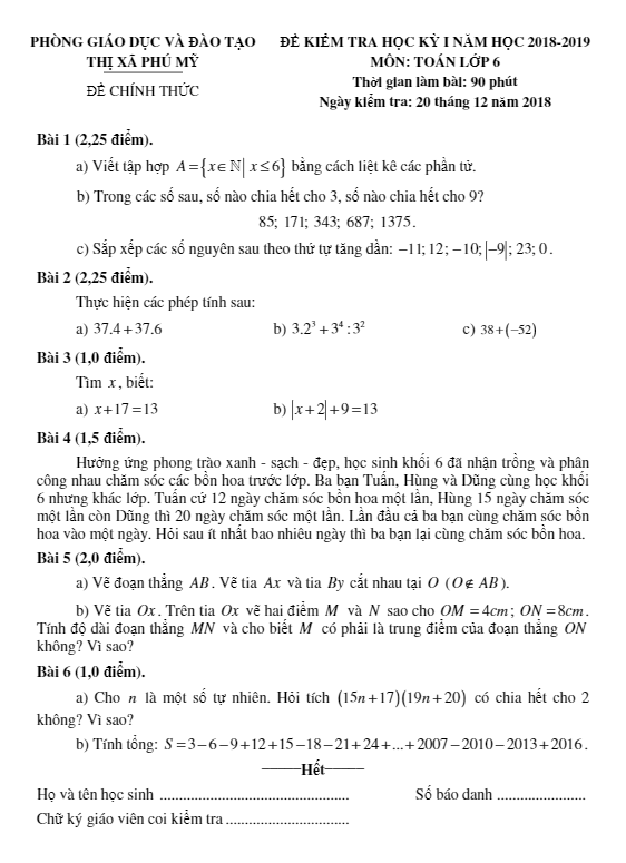 de thi hoc ki 1 hk1 lop 6 mon toan nam 2018 e28093 2019 phong gd dt thi xa phu my e28093 ba ria e28093 vung tau d