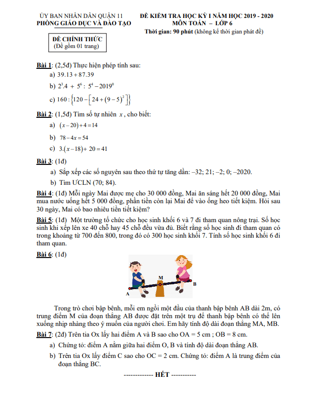 Đề thi học kì 1 (HK1) lớp 6 môn Toán năm 2019 2020 phòng GD ĐT Quận 11 TP HCM 2 de thi hoc ki 1 hk1 lop 6 mon toan nam 2019 2020 phong gd dt quan 11 tp hcm d