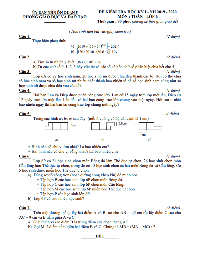 Đề thi học kì 1 (HK1) lớp 6 môn Toán năm 2019 2020 phòng GD ĐT Quận 5 TP HCM 4 de thi hoc ki 1 hk1 lop 6 mon toan nam 2019 2020 phong gd dt quan 5 tp hcm d