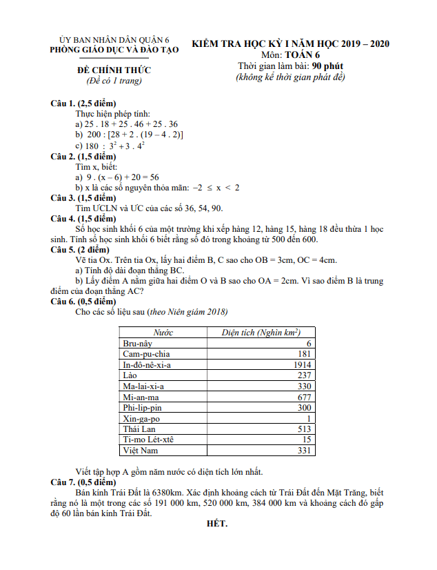 de thi hoc ki 1 hk1 lop 6 mon toan nam 2019 2020 phong gd dt quan 6 tp hcm d