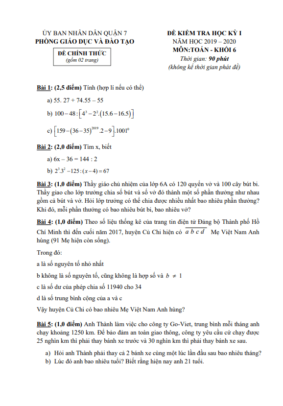 de thi hoc ki 1 hk1 lop 6 mon toan nam 2019 2020 phong gd dt quan 7 tp hcm d