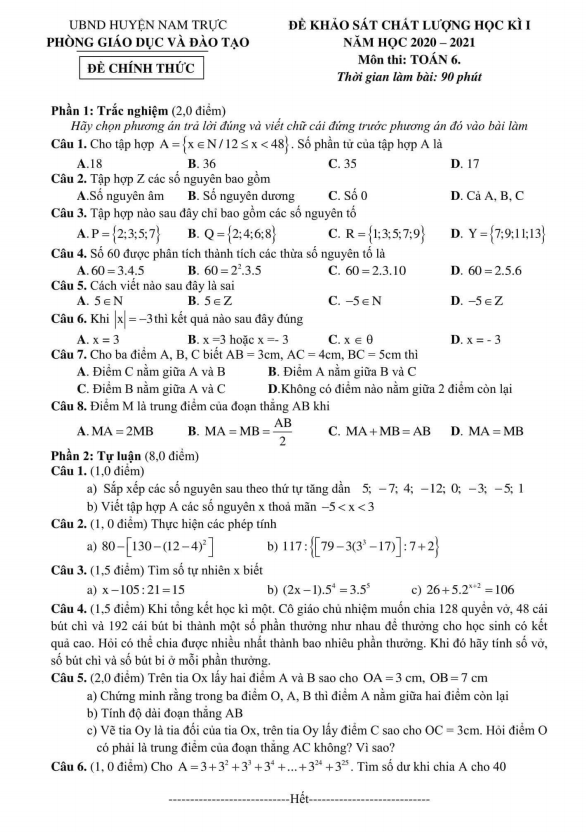 Đề thi học kì 1 (HK1) lớp 6 môn Toán năm 2020 2021 phòng GD ĐT Nam Trực Nam Định 2 de thi hoc ki 1 hk1 lop 6 mon toan nam 2020 2021 phong gd dt nam truc nam dinh d