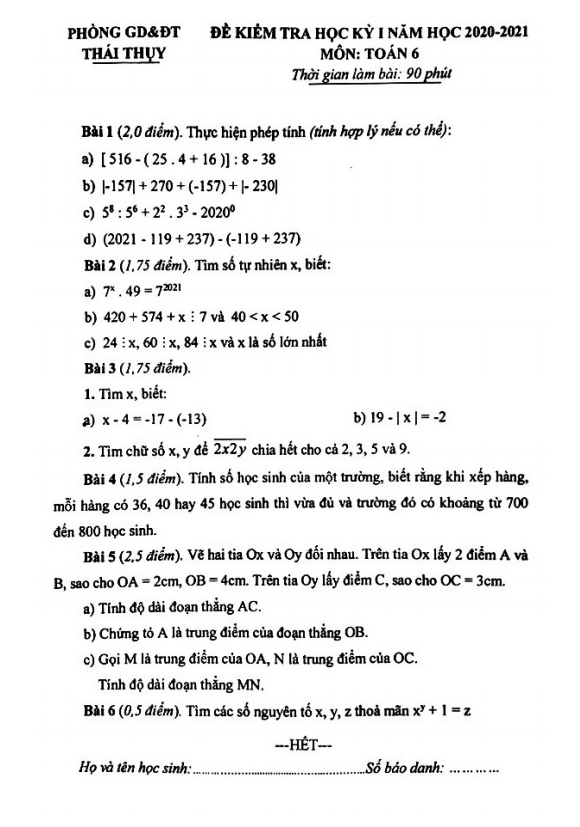 Đề thi học kì 1 (HK1) lớp 6 môn Toán năm 2020 2021 phòng GD ĐT Thái Thụy Thái Bình 4 de thi hoc ki 1 hk1 lop 6 mon toan nam 2020 2021 phong gd dt thai thuy thai binh d