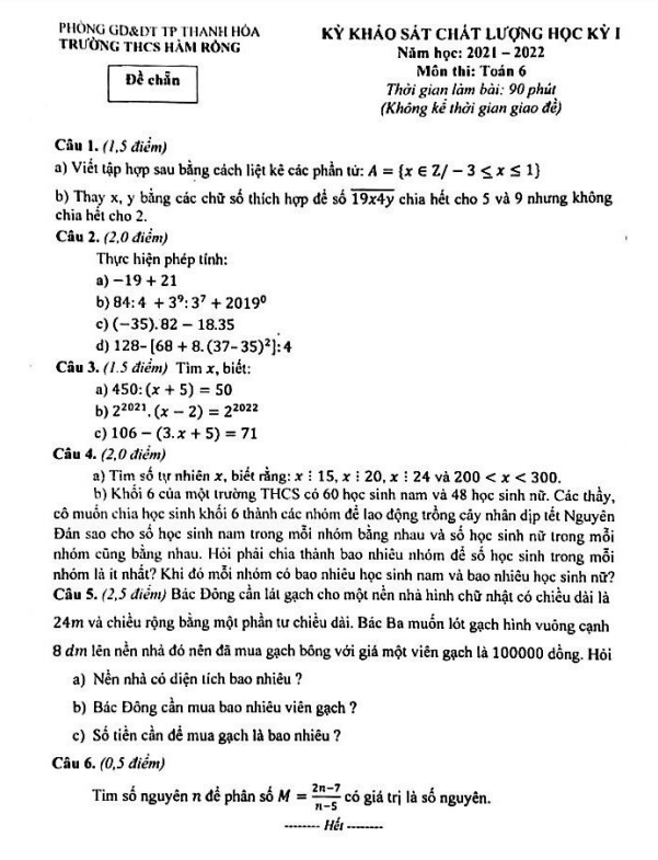 de thi hoc ki 1 hk1 lop 6 mon toan nam 2021 2022 truong thcs ham rong thanh hoa d