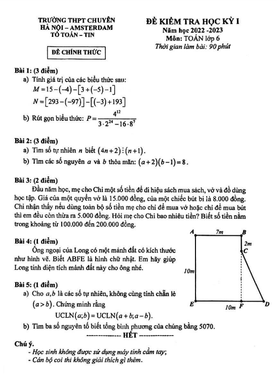 de thi hoc ki 1 hk1 lop 6 mon toan nam 2022 2023 truong thpt chuyen ha noi amsterdam d