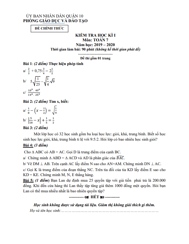 de thi hoc ki 1 hk1 lop 7 mon toan nam 2019 2020 phong gd dt quan 10 tp hcm d