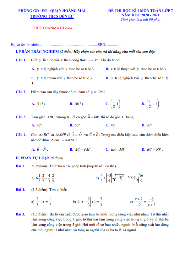 de thi hoc ki 1 hk1 lop 7 mon toan nam 2020 2021 truong thcs den lu ha noi d