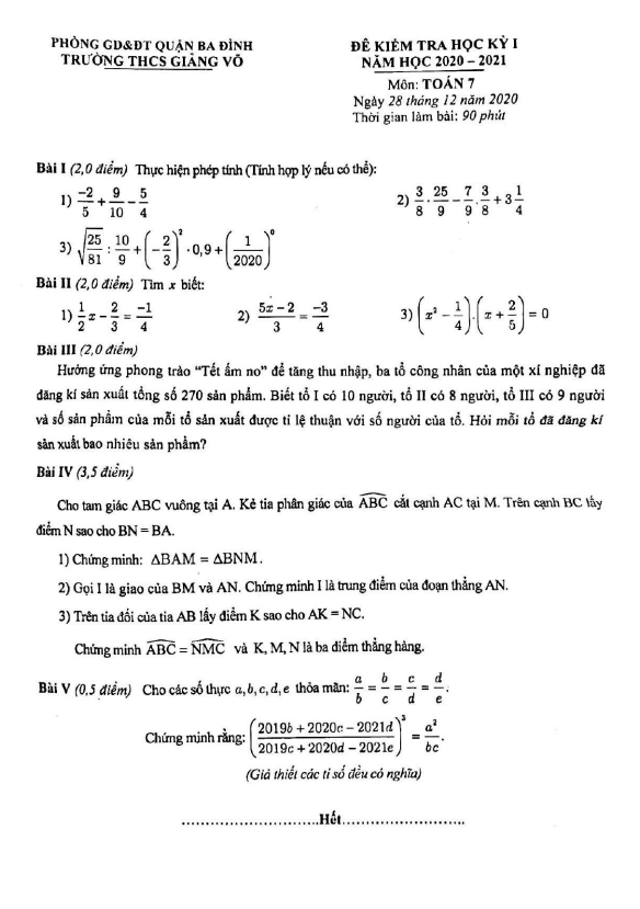 de thi hoc ki 1 hk1 lop 7 mon toan nam 2020 2021 truong thcs giang vo ha noi d