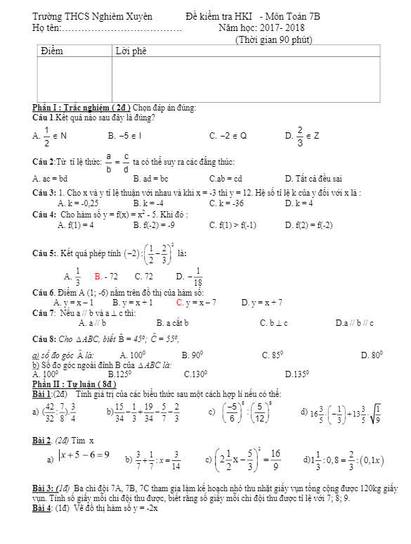 de thi hoc ki 1 hk1 lop 7 mon toan nam hoc 2017 2018 truong thcs nghiem xuyen ha noi d