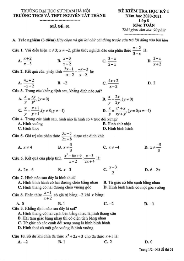 Đề thi học kì 1 (HK1) lớp 8 môn Toán năm 2020 2021 trường Nguyễn Tất Thành Hà Nội 4 de thi hoc ki 1 hk1 lop 8 mon toan nam 2020 2021 truong nguyen tat thanh ha noi d