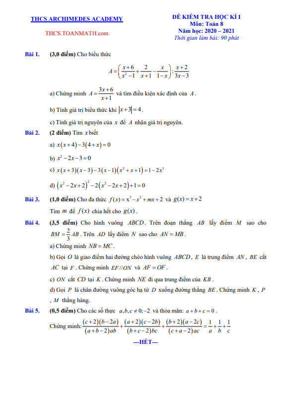 Đề thi học kì 1 (HK1) lớp 8 môn Toán năm 2020 2021 trường THCS Archimedes Academy Hà Nội 4 de thi hoc ki 1 hk1 lop 8 mon toan nam 2020 2021 truong thcs archimedes academy ha noi d